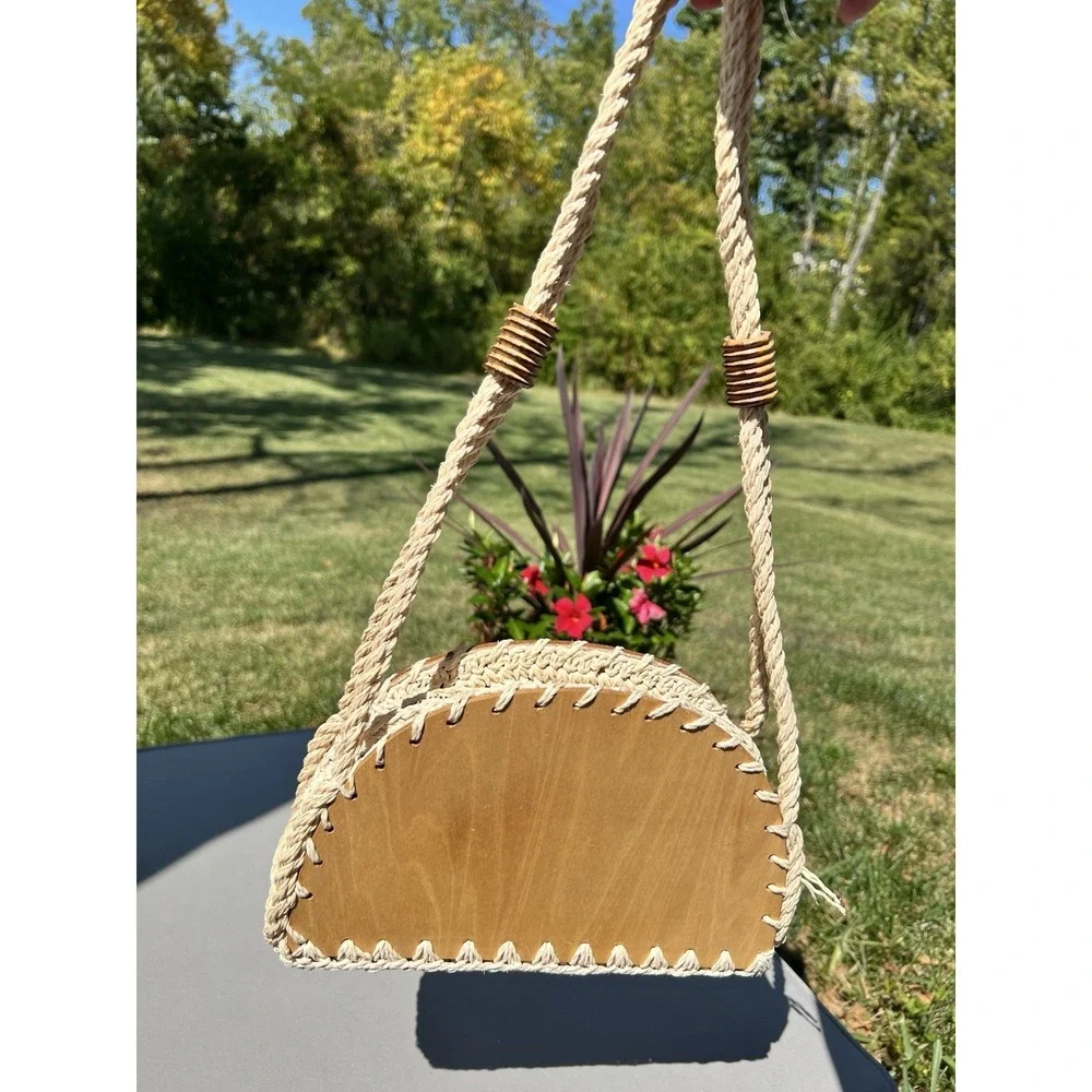 Vintage 60s Walborg Straw Rope Bag Shoulder‎ Bag Wooden Base Boho Cottagecore